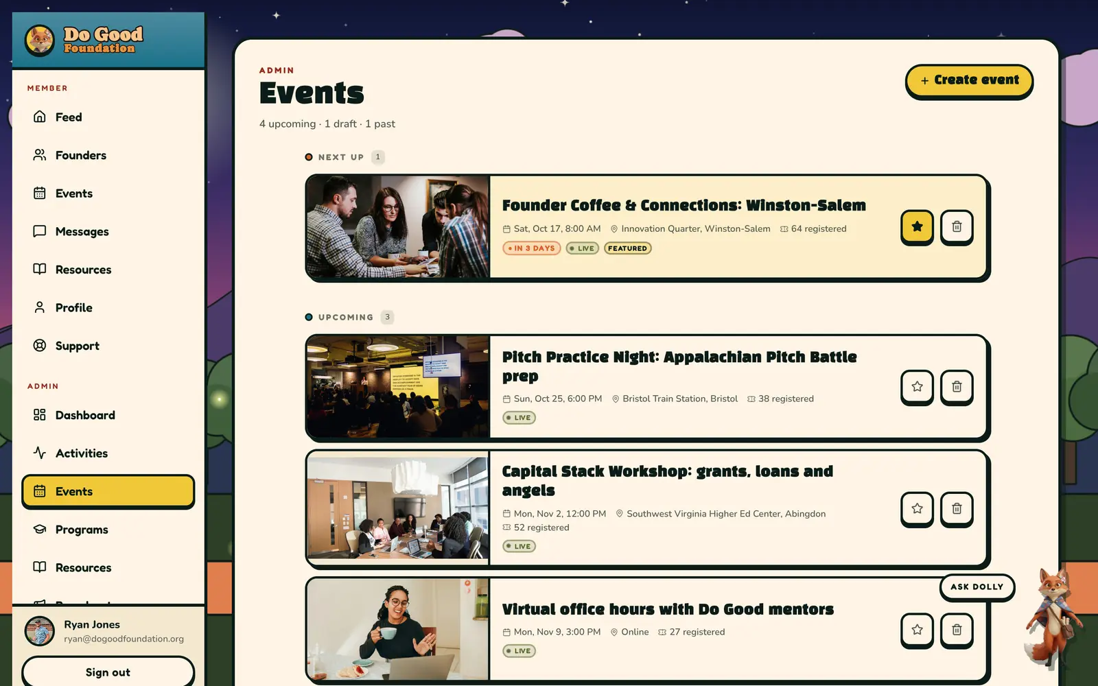 Events, with registrations at a glance (sample data)